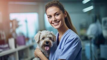 ai généré Jeune vétérinaire fille actions joyeux moment avec espiègle chien dans clinique symbolise importance de animal de compagnie bilans photo