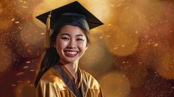 ai généré content asiatique Jeune fille portant l'obtention du diplôme casquette et robe, souriant fille poutres avec bonheur photo