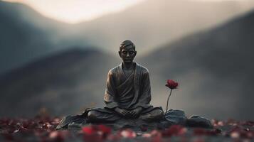 ai généré bronze statuette de méditer Masculin yogi parmi rouge fleurs contre Stupéfiant Montagne paysage photo