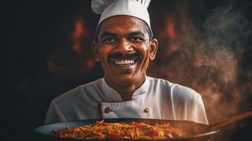 ai généré souriant Indien chef cuisine savoureux épicé plat mettant en valeur aromatique séduire de Indien cuisine photo