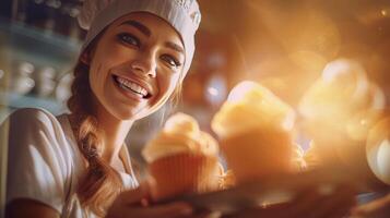 ai généré de bonne humeur femelle boulanger portrait fièrement affichage sa délicieux Gâteaux, lumière du soleil Contexte photo