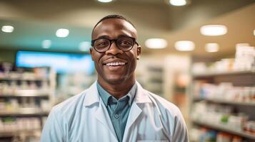 ai généré courtois souriant noir pharmacien dans blanc manteau assiste clients dans pharmacie fournir Conseil photo