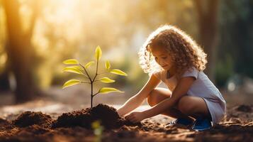 ai généré peu fille soigneusement les plantes arbre jeune arbre dans sol de lumière du soleil jardin création réconfortant scène photo