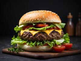 ai généré savoureux cheeseburger avec Viande tomates et vert salade sur foncé Contexte photo