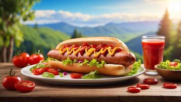 ai généré grillé du boeuf chaud chien avec ketchup collation, salade et magnifique Contexte photo