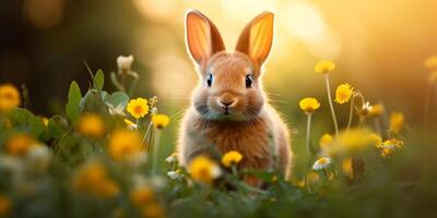 ai généré marron mignonne lapin dans le herbe et Jaune fleurs, arrière-plan, copie espace photo