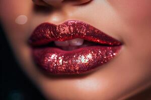 ai généré femme lèvres avec rouge rouge à lèvres avec briller fermer photo