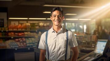 ai généré portrait de de bonne humeur souriant Masculin la caissière dans épicerie boutique symbolise amical client un service photo