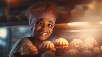 ai généré de bonne humeur noir femelle boulanger portrait fièrement affichage sa délicieux Gâteaux, lumière du soleil Contexte photo