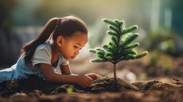 ai généré peu fille soigneusement les plantes arbre jeune arbre dans sol de lumière du soleil jardin création réconfortant scène photo