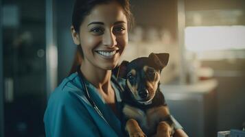 ai généré Jeune vétérinaire fille actions joyeux moment avec espiègle chien dans clinique symbolise importance de animal de compagnie bilans photo