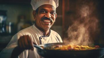 ai généré souriant Indien chef cuisine savoureux épicé plat mettant en valeur aromatique séduire de Indien cuisine photo