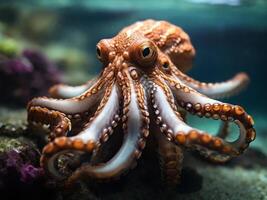 ai généré poulpe dans le aquarium. proche en haut vue de une Marin animal. photo