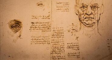 léonard da Vinci dessins sur Fait main coton papier, ancien Contexte photo