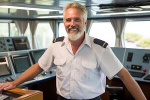 ai généré portrait souriant joyeux mature Sénior caucasien Masculin homme gars marin plate-forme professionnel capitaine conduite cabine navire contrôle pont yacht à l'intérieur. lieu de travail Marin marine la navigation officier photo