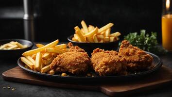 ai généré frit poulet et français frites dans noir assiette photo