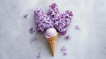 ai généré lilas fleurs et la glace crème cône sur texturé Contexte photo