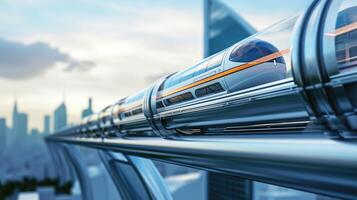 ai généré haute vitesse hyperloop train glissement par une futuriste paysage urbain photo