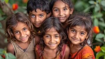 ai généré groupe de Indien des gamins souriant et à la recherche à caméra dans le jardin de au dessus voir. photo