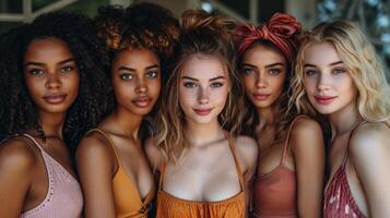 ai généré groupe de magnifique Jeune Multi-éthnique cinq femmes avec différent coiffure et se maquiller. photo