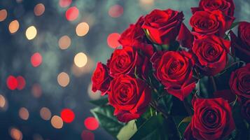 ai généré élégant rouge des roses avec de fête bokeh lumières photo