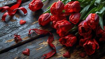 ai généré romantique rouge tulipes avec cœurs et rubans sur ancien bois photo