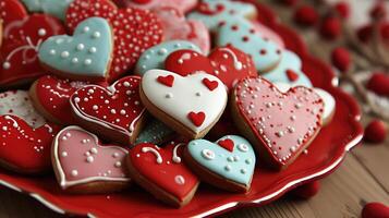 ai généré décoré à la main en forme de coeur biscuits sur assiette photo