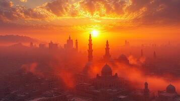 ai généré aérien vue de le arabe ville à le coucher du soleil dans Yémen. photo