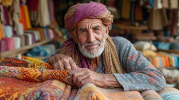ai généré portrait de un vieux homme dans une turban sur le Contexte de coloré tissus dans Yémen. photo
