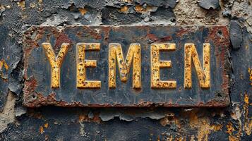 ai généré vieux rouillé métal assiette avec le mot Yémen sur il. photo