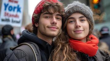 ai généré couple dans israéliens manifestation à Nouveau York. photo