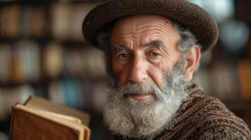 ai généré portrait de un vieux juif homme avec une livre dans le sien mains dans bibliothèque. photo