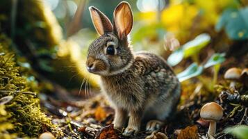 ai généré lapin dans le l'automne forêt près champignons. photo