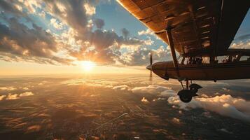 ai généré vieux ancien avion dans le ciel à le coucher du soleil. photo