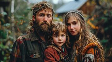 ai généré portrait de une hippie famille de Trois dans le les bois. une homme avec une barbe et une fille dans une plaid chemise. photo