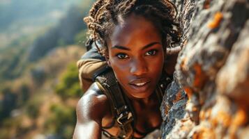 ai généré content africain américain femme attendre à sauter avec parachute de falaise. photo