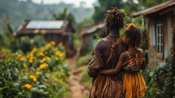 ai généré africain père avec le sien peu fille dans le village. photo