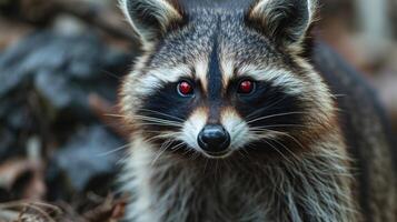 ai généré portrait de une raton laveur avec rouge yeux dans le forêt, proche en haut. animal rage. photo