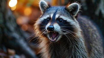 ai généré portrait de une raton laveur dans le forêt, proche en haut. animal rage. photo