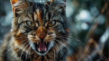 ai généré fermer portrait de une chat avec ouvert bouche, animal rage. photo