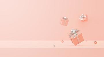 scène minimale de boîte de cadeaux de couleur pastel avec ruban d'argent sur fond rose avec espace de copie, rendu 3d photo
