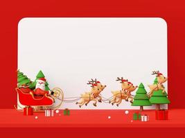 joyeux noël et bonne année, scène rouge de noël du père noël sur un traîneau plein de cadeaux de noël et tiré par des rennes, rendu 3d photo