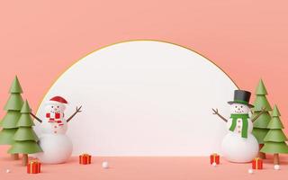 joyeux noël et bonne année, scène de bonhomme de neige et cadeaux de noël avec un espace blanc sur fond bleu, rendu 3d photo
