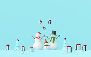 joyeux noël et bonne année, scène de bonhomme de neige célébrer les cadeaux de noël sur fond bleu, rendu 3d photo