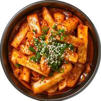 ai généré ardent et savoureux tteokbokki épicé riz Gâteaux isolé sur une nettoyer blanc arrière-plan, iconique coréen rue nourriture photo