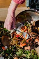 la personne qui mettre dans une composteur certains cuisine déchets comme légumes, des fruits, coquille d'oeuf, café terrains dans commande à Trier et faire bio engrais photo