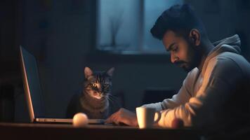 ai généré Jeune Indien homme en utilisant portable à travail table avec le sien chat à nuit à Accueil bureau, neural réseau généré image photo