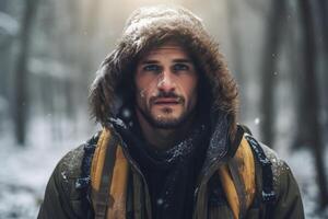 ai généré caucasien Jeune adulte homme perdu dans forêt à neigeux hiver jour, neural réseau généré photoréaliste image photo