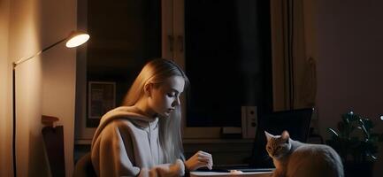 ai généré blond caucasien fille en utilisant portable séance à travail table avec sa chat, neural réseau généré art photo