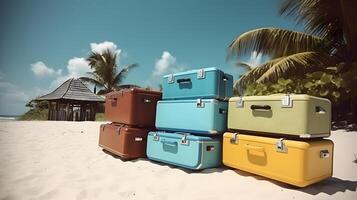 ai généré peu à l'ancienne cuir ou fibre les valises posé sur le sable sur ensoleillé tropical plage, neural réseau généré art photo